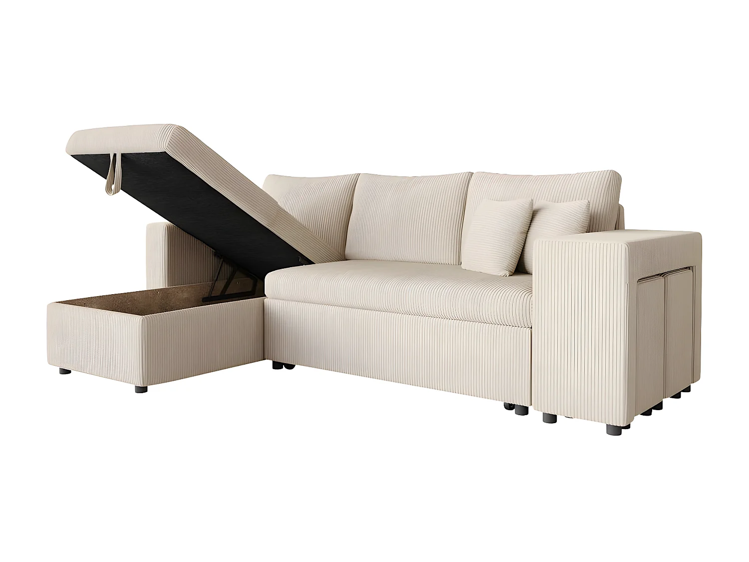 Canapé d'angle réversible convertible Oslo avec coffre, 2 poufs à droite en velours côtelé beige - L241 x P146 x H81cm - Loungitude