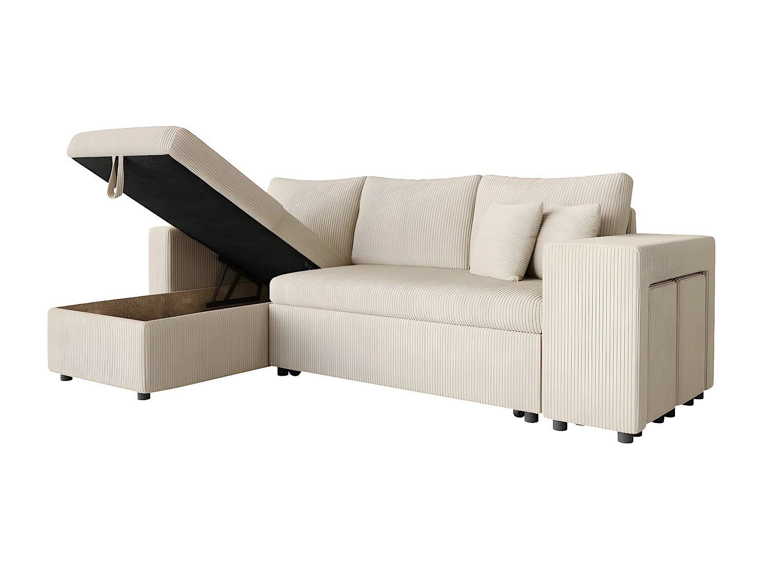 Canapé d'angle réversible convertible Oslo avec coffre, 2 poufs à droite en velours côtelé beige - L241 x P146 x H81cm - Loungitude