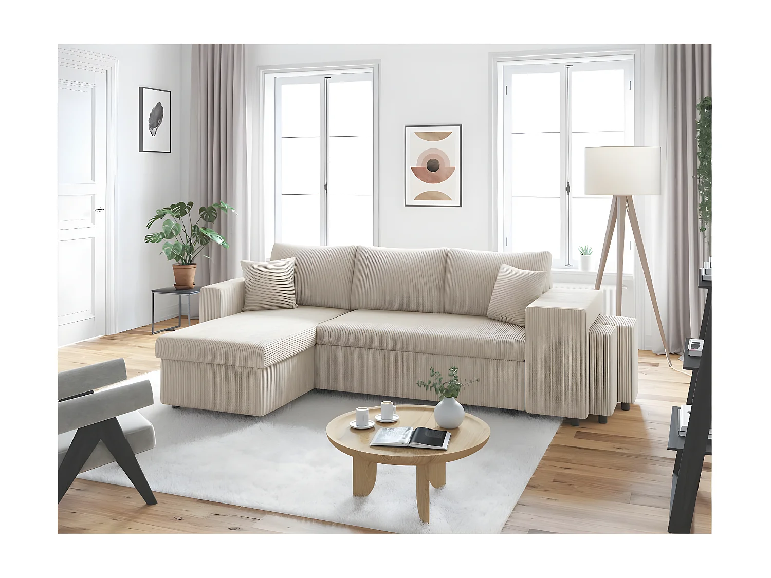 Canapé d'angle réversible convertible Oslo avec coffre, 2 poufs à droite en velours côtelé beige - L241 x P146 x H81cm - Loungitude