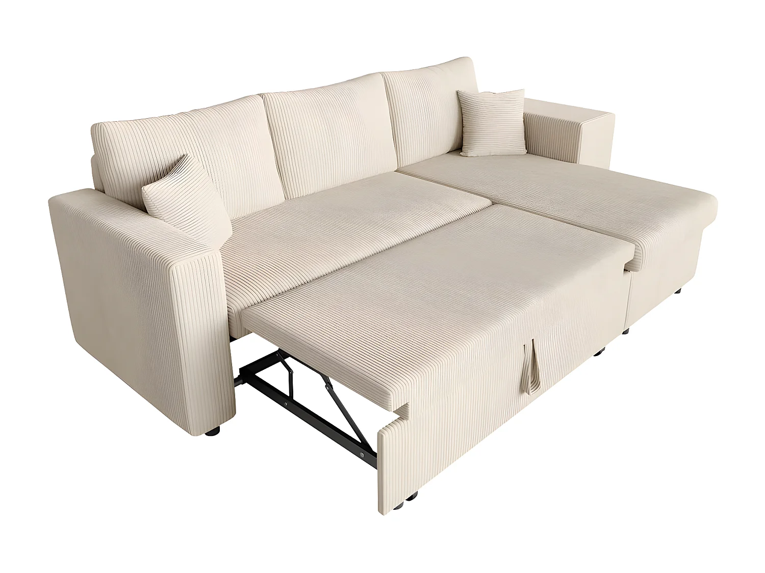 Canapé d'angle réversible convertible Oslo avec coffre, 2 poufs à droite en velours côtelé beige - L241 x P146 x H81cm - Loungitude