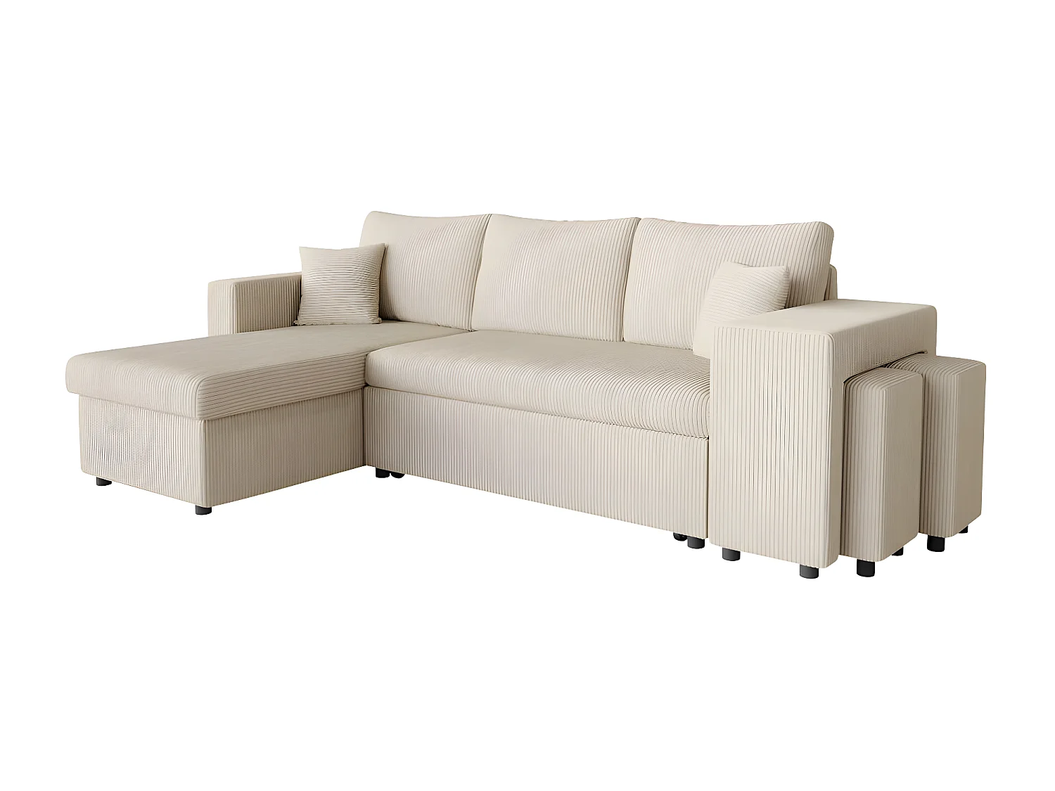 Canapé d'angle réversible convertible Oslo avec coffre, 2 poufs à droite en velours côtelé beige - L241 x P146 x H81cm - Loungitude