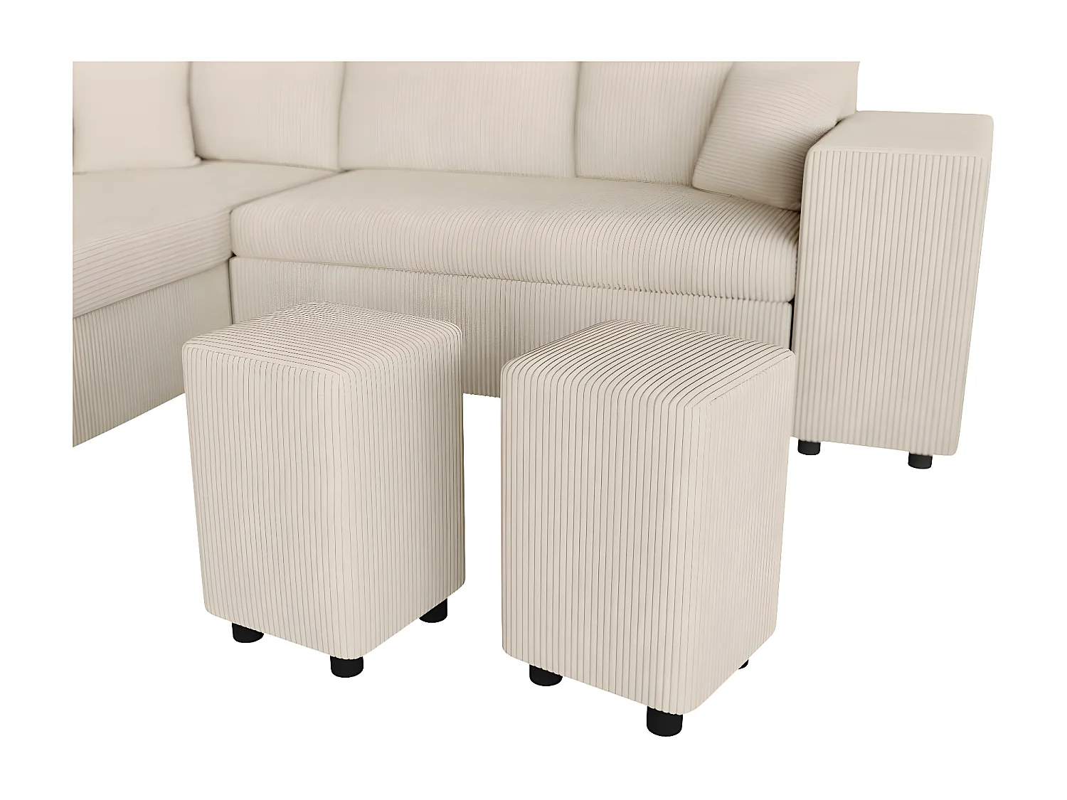 Canapé d'angle réversible convertible Oslo avec coffre, 2 poufs à droite en velours côtelé beige - L241 x P146 x H81cm - Loungitude