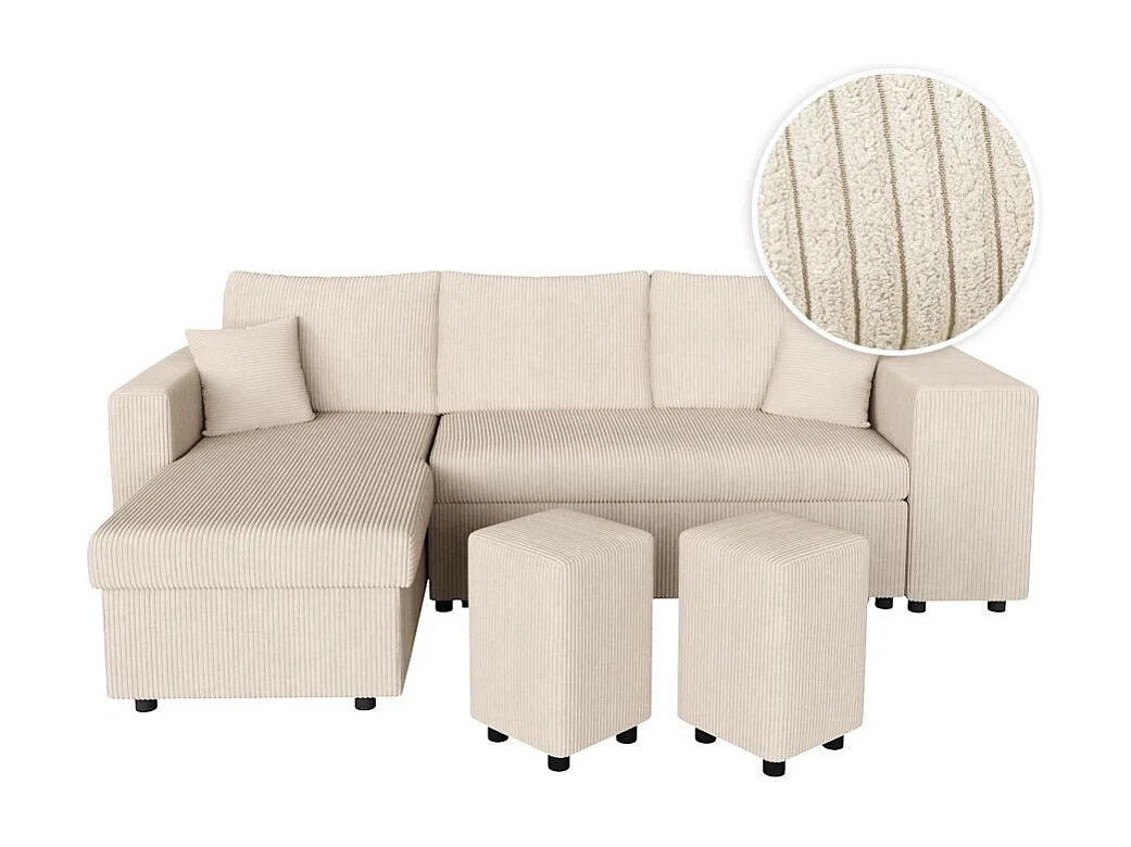 Canapé d'angle réversible convertible Oslo avec coffre, 2 poufs à droite en velours côtelé beige - L241 x P146 x H81cm - Loungitude
