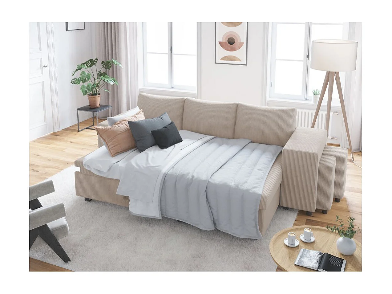 Canapé d'angle réversible convertible Oslo avec coffre, 2 poufs à droite en velours côtelé beige - L241 x P146 x H81cm - Loungitude