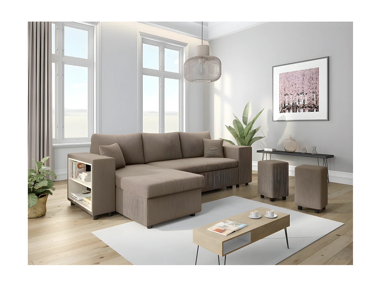 Canapé d'angle réversible Mady avec coffre, rangement poufs à droite en velours côtelé - Taupe - L254 x P146 x H81cm - Loungitude