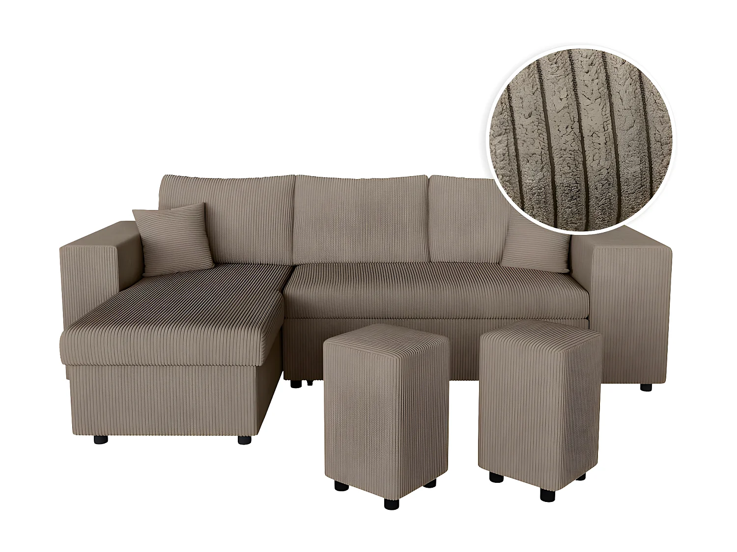 Canapé d'angle réversible Mady avec coffre, rangement poufs à droite en velours côtelé - Taupe - L254 x P146 x H81cm - Loungitude