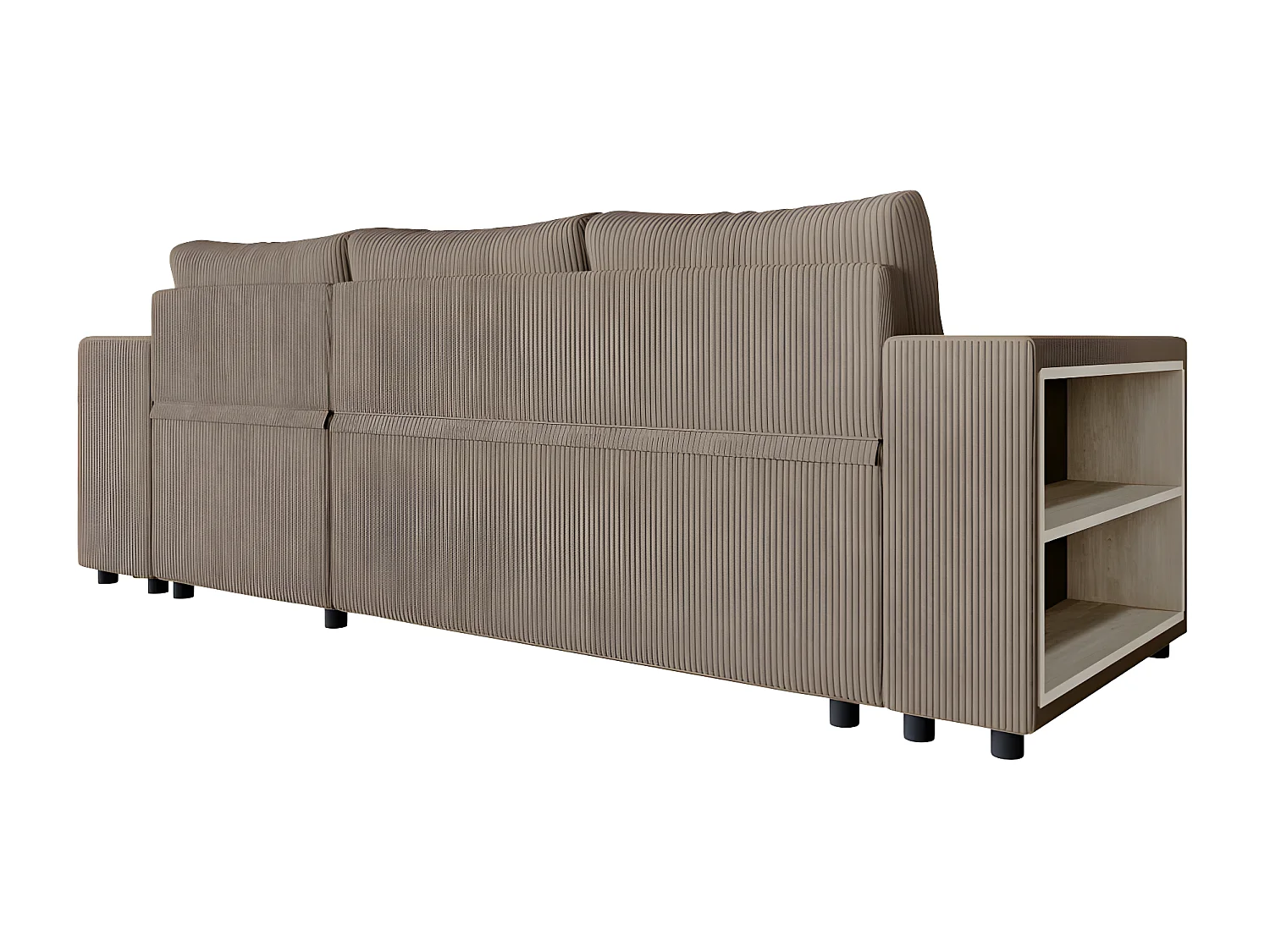 Canapé d'angle réversible Mady avec coffre, rangement poufs à droite en velours côtelé - Taupe - L254 x P146 x H81cm - Loungitude