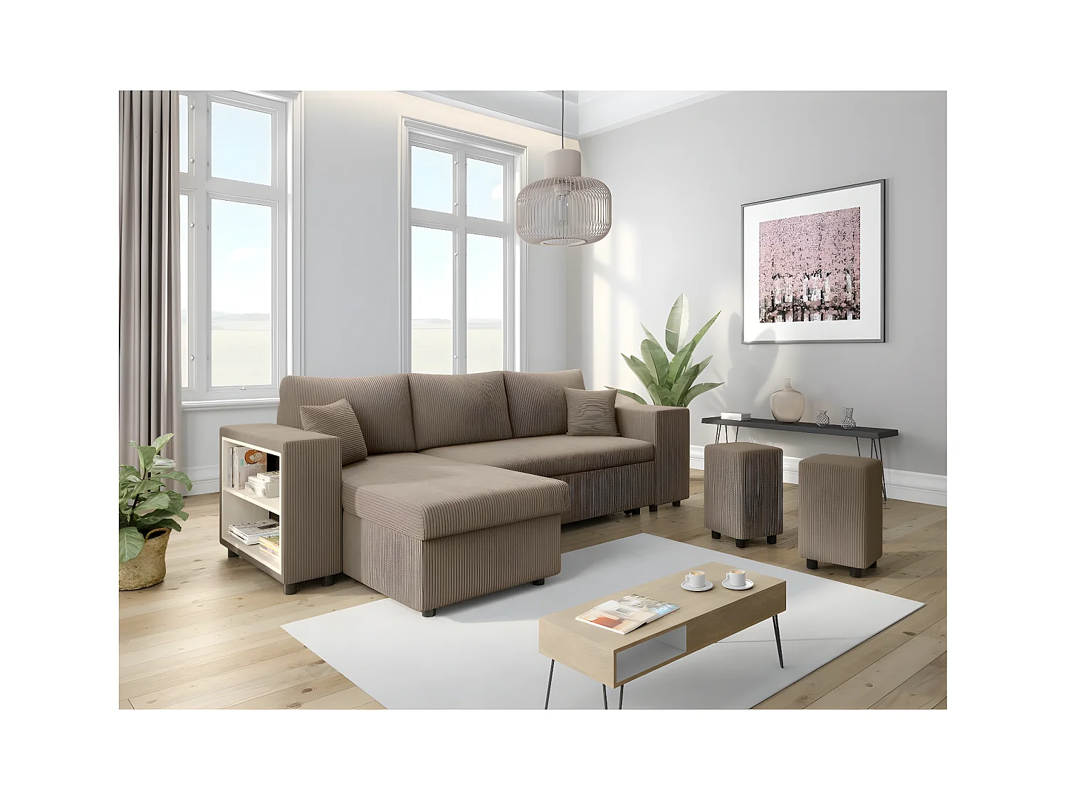Canapé d'angle réversible Mady avec coffre, rangement poufs à droite en velours côtelé - Taupe - L254 x P146 x H81cm - Loungitude