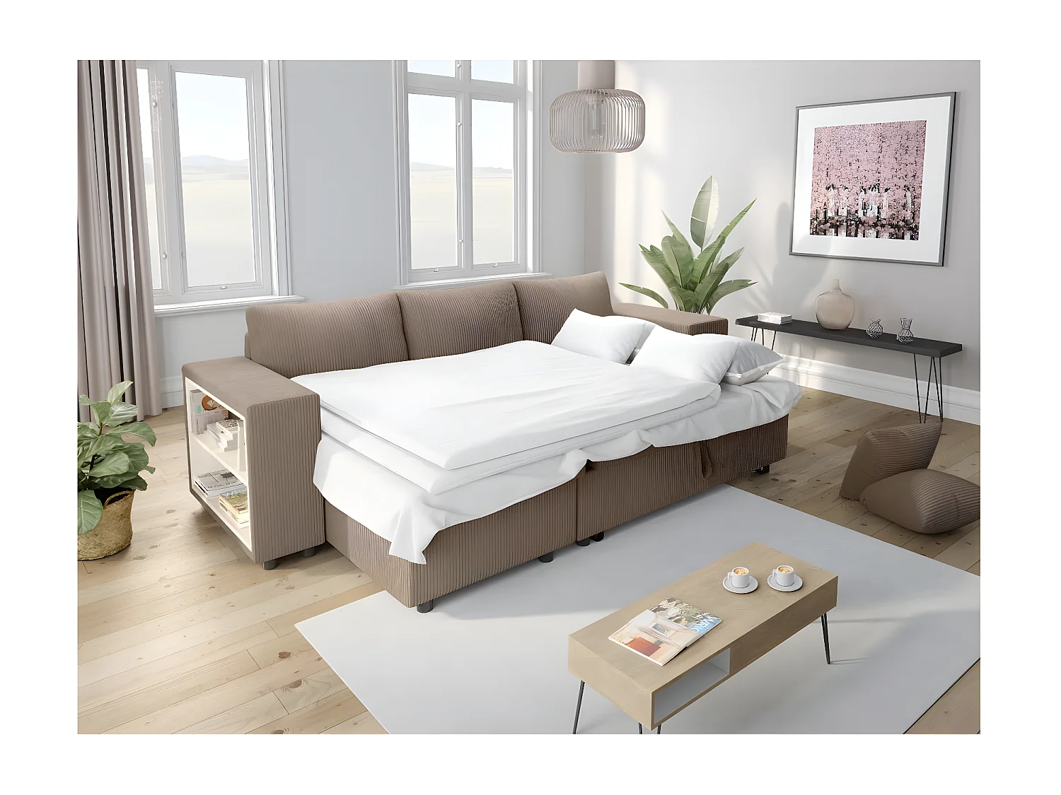 Canapé d'angle réversible Mady avec coffre, rangement poufs à droite en velours côtelé - Taupe - L254 x P146 x H81cm - Loungitude