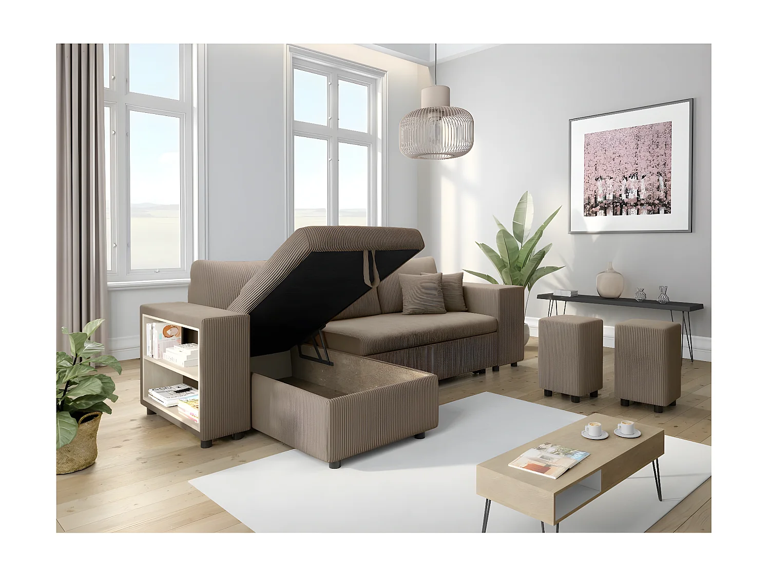 Canapé d'angle réversible Mady avec coffre, rangement poufs à droite en velours côtelé - Taupe - L254 x P146 x H81cm - Loungitude
