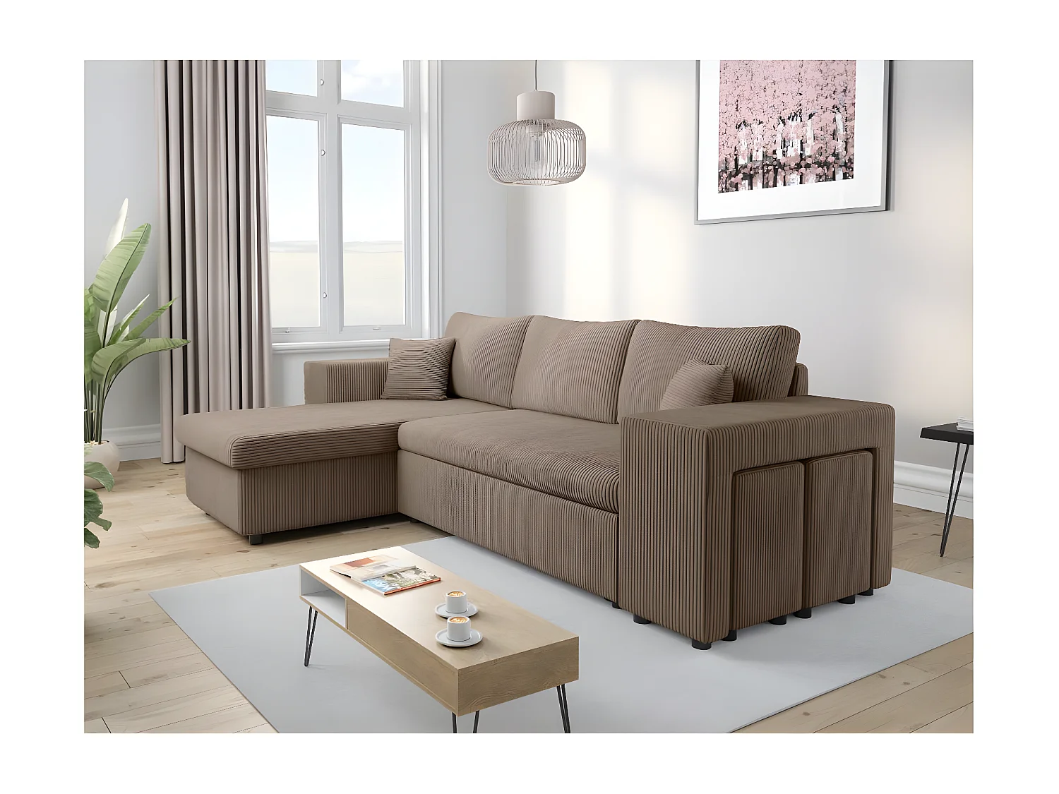 Canapé d'angle réversible Mady avec coffre, rangement poufs à droite en velours côtelé - Taupe - L254 x P146 x H81cm - Loungitude