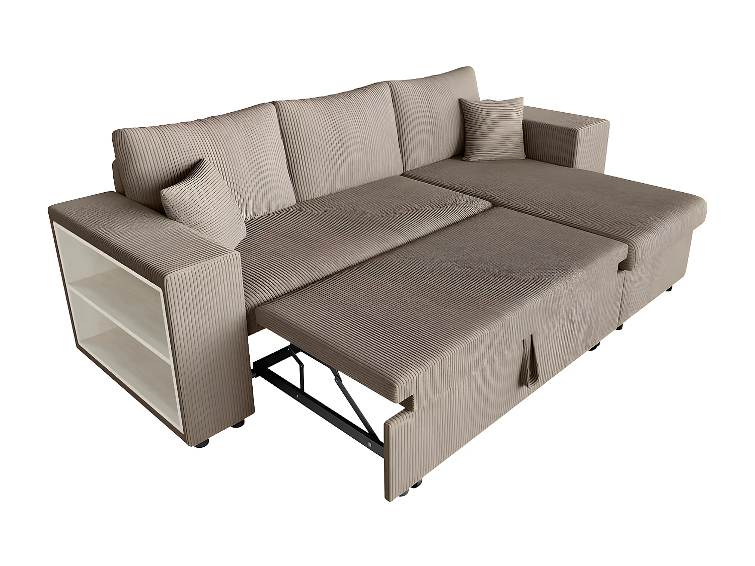Canapé d'angle réversible Mady avec coffre, rangement poufs à droite en velours côtelé - Taupe - L254 x P146 x H81cm - Loungitude