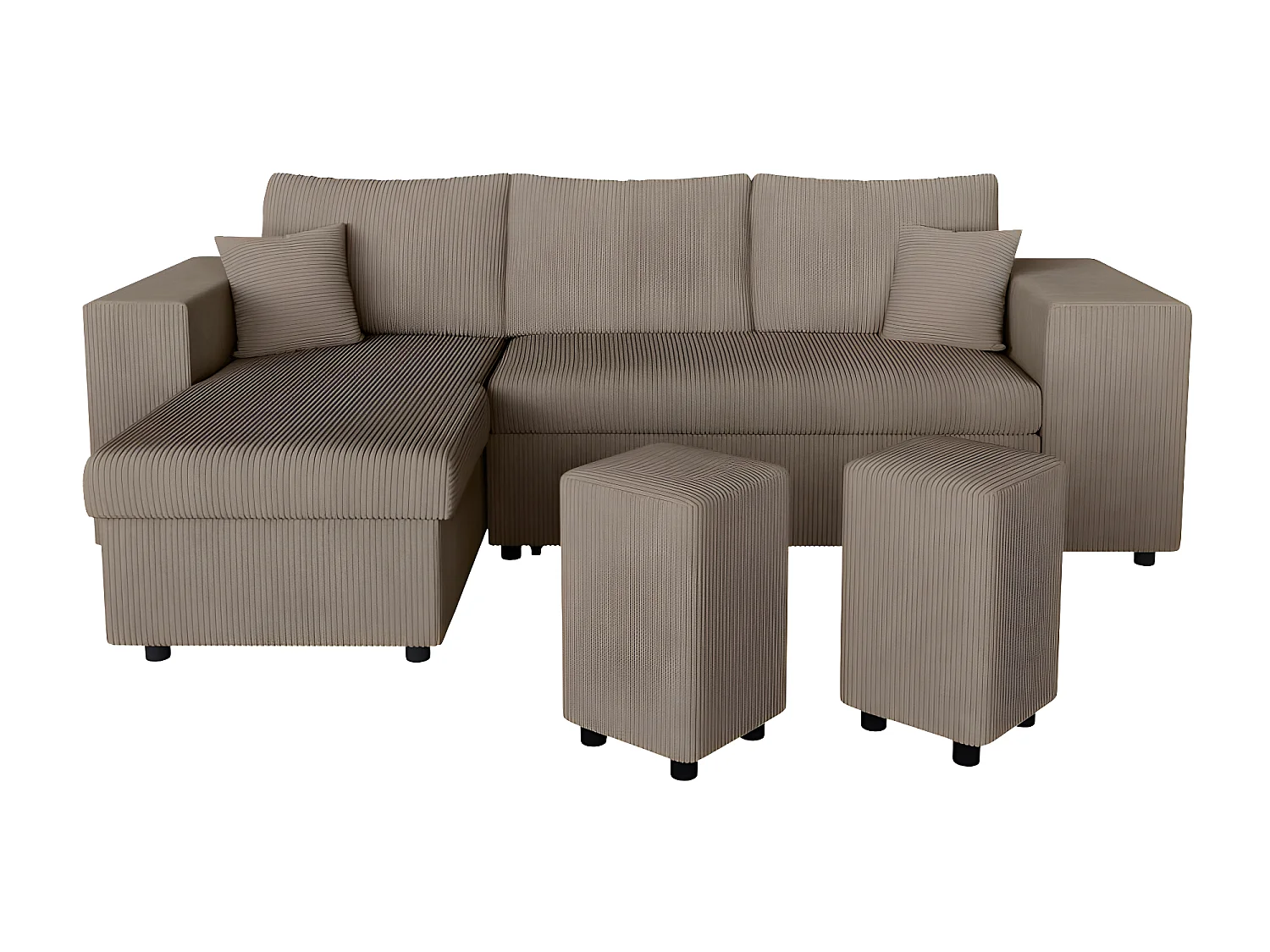 Canapé d'angle réversible Mady avec coffre, rangement poufs à droite en velours côtelé - Taupe - L254 x P146 x H81cm - Loungitude