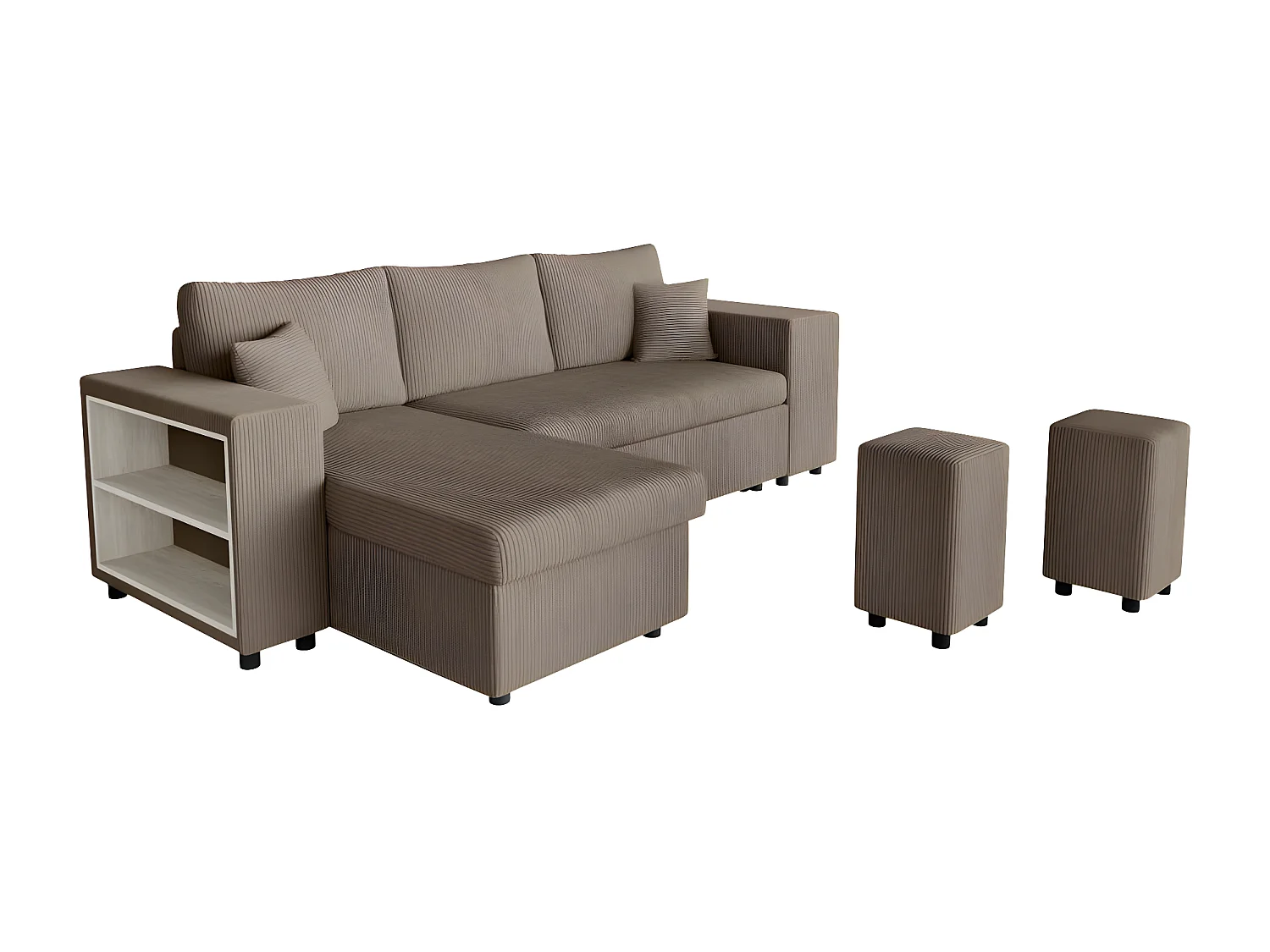 Canapé d'angle réversible Mady avec coffre, rangement poufs à droite en velours côtelé - Taupe - L254 x P146 x H81cm - Loungitude