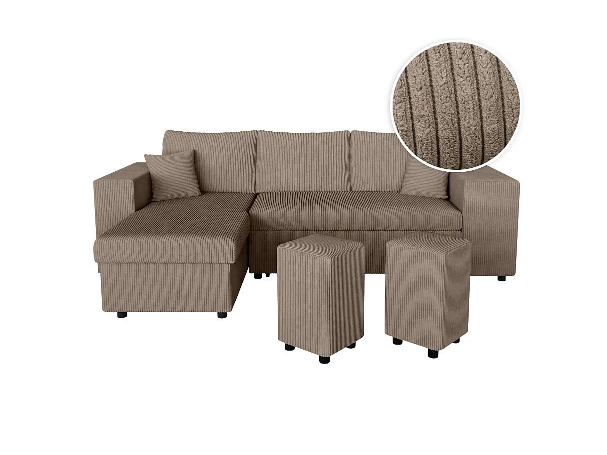 Canapé d'angle convertible 5 places avec pouf en velours taupe MADY