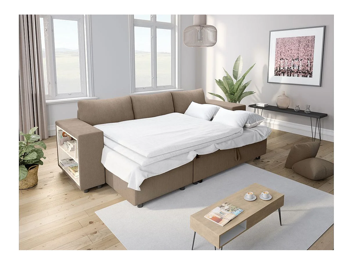 Canapé d'angle convertible 5 places avec pouf en velours taupe MADY