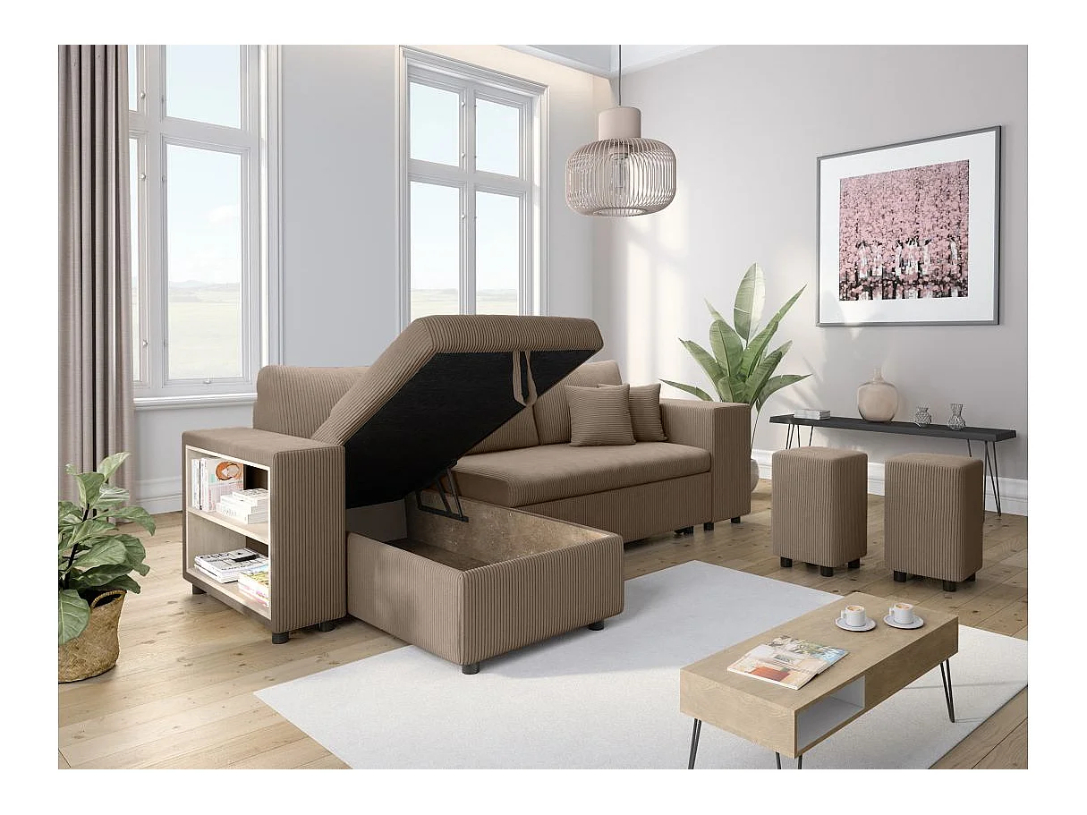Canapé d'angle convertible 5 places avec pouf en velours taupe MADY