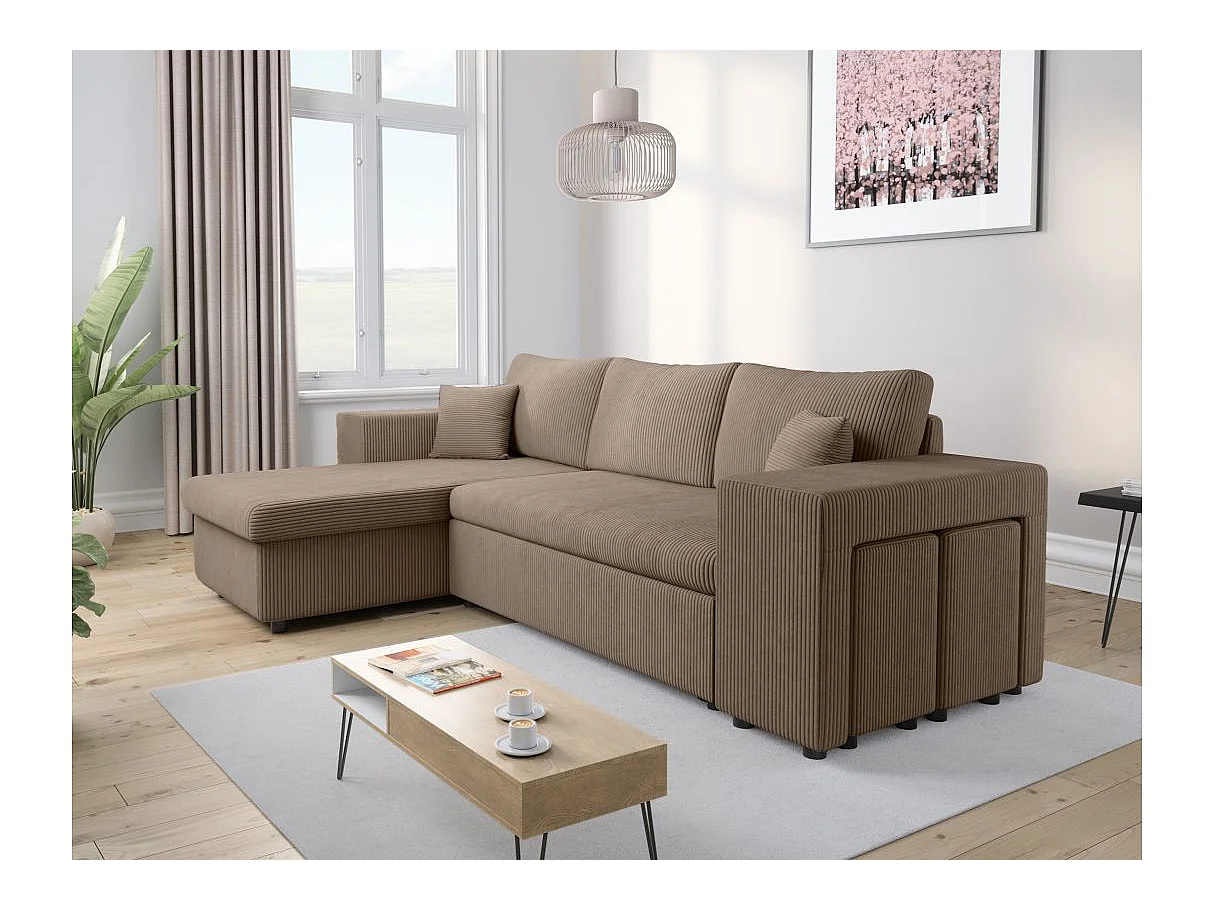 Canapé d'angle convertible 5 places avec pouf en velours taupe MADY