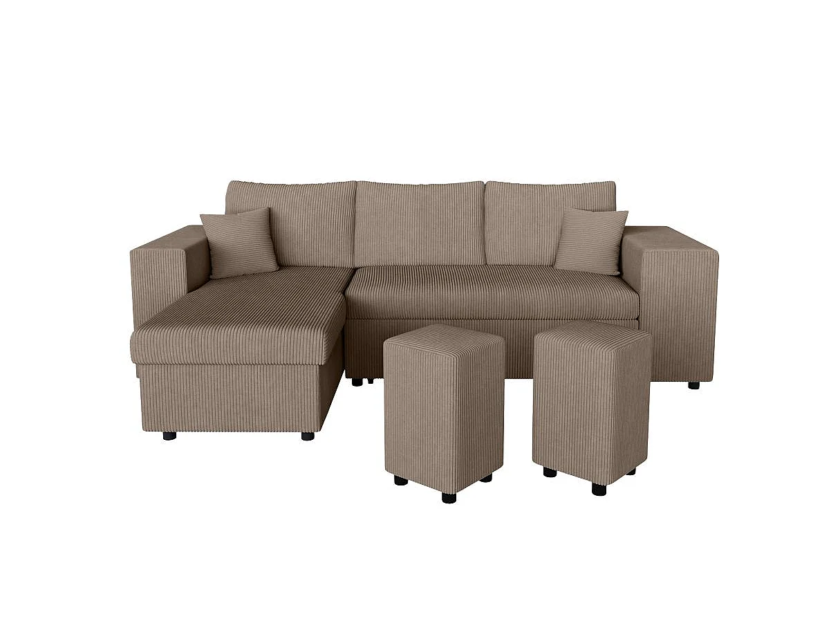 Canapé d'angle convertible 5 places avec pouf en velours taupe MADY