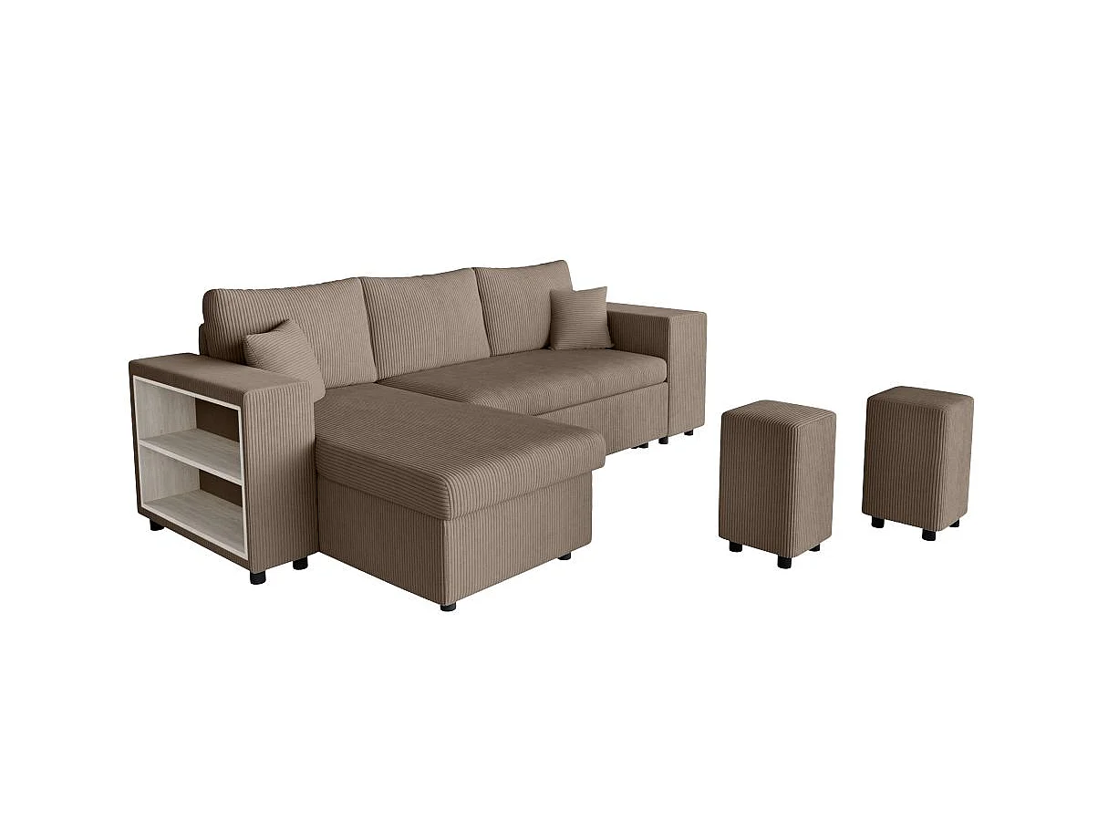 Canapé d'angle convertible 5 places avec pouf en velours taupe MADY