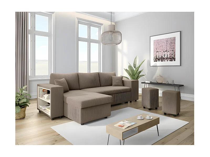 Canapé d'angle réversible Mady avec coffre, rangement poufs à droite en velours côtelé - Taupe - L254 x P146 x H81cm - Loungitude
