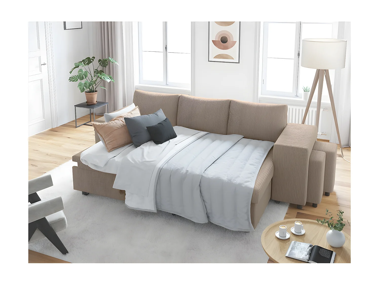 Canapé d'angle réversible convertible Oslo avec coffre, 2 poufs à droite en velours côtelé taupe - L241 x P146 x H81cm - Loungitude