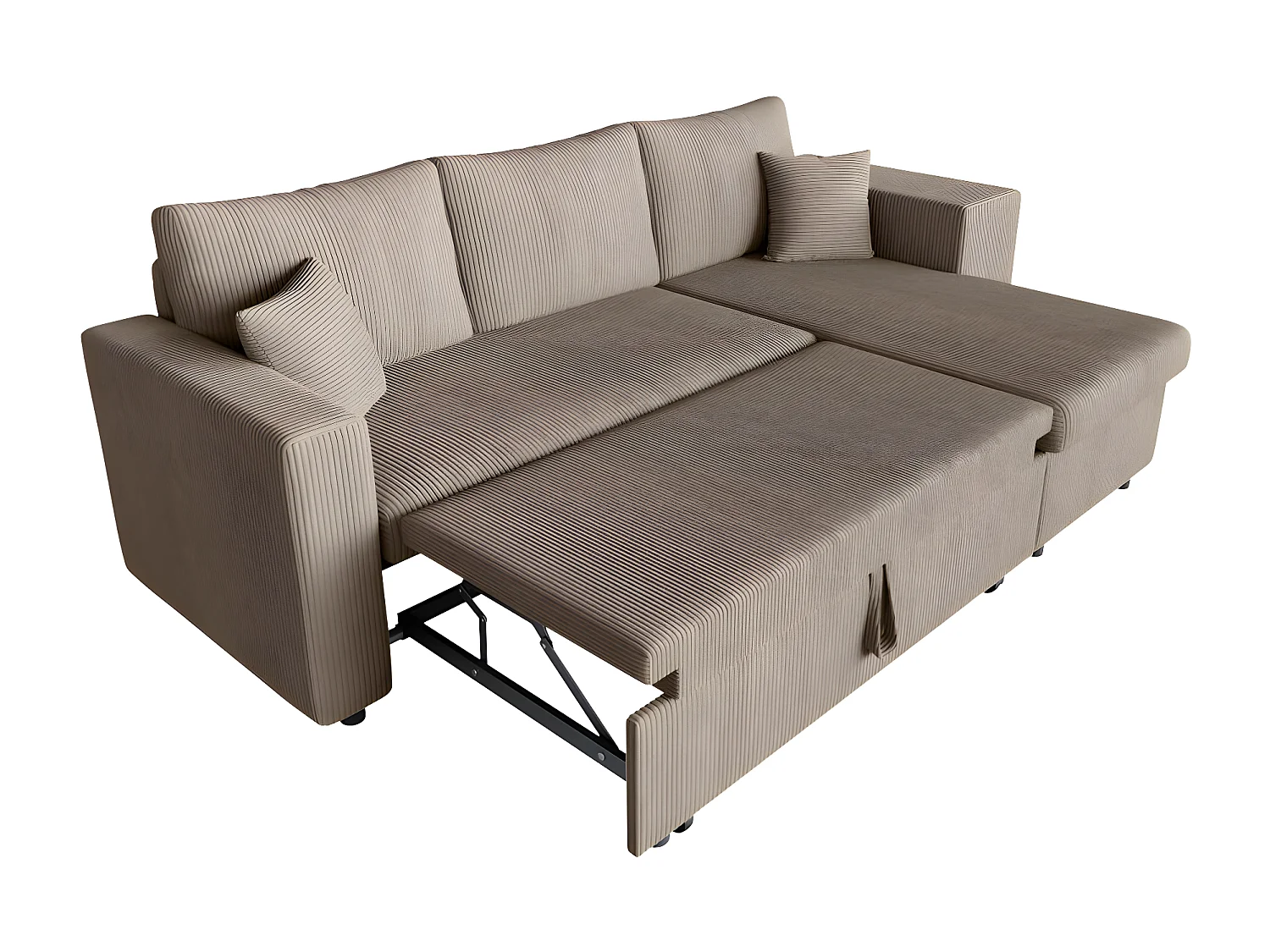 Canapé d'angle réversible convertible Oslo avec coffre, 2 poufs à droite en velours côtelé taupe - L241 x P146 x H81cm - Loungitude