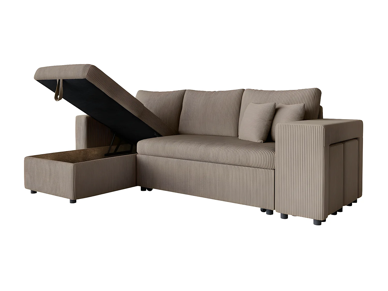 Canapé d'angle réversible convertible Oslo avec coffre, 2 poufs à droite en velours côtelé taupe - L241 x P146 x H81cm - Loungitude