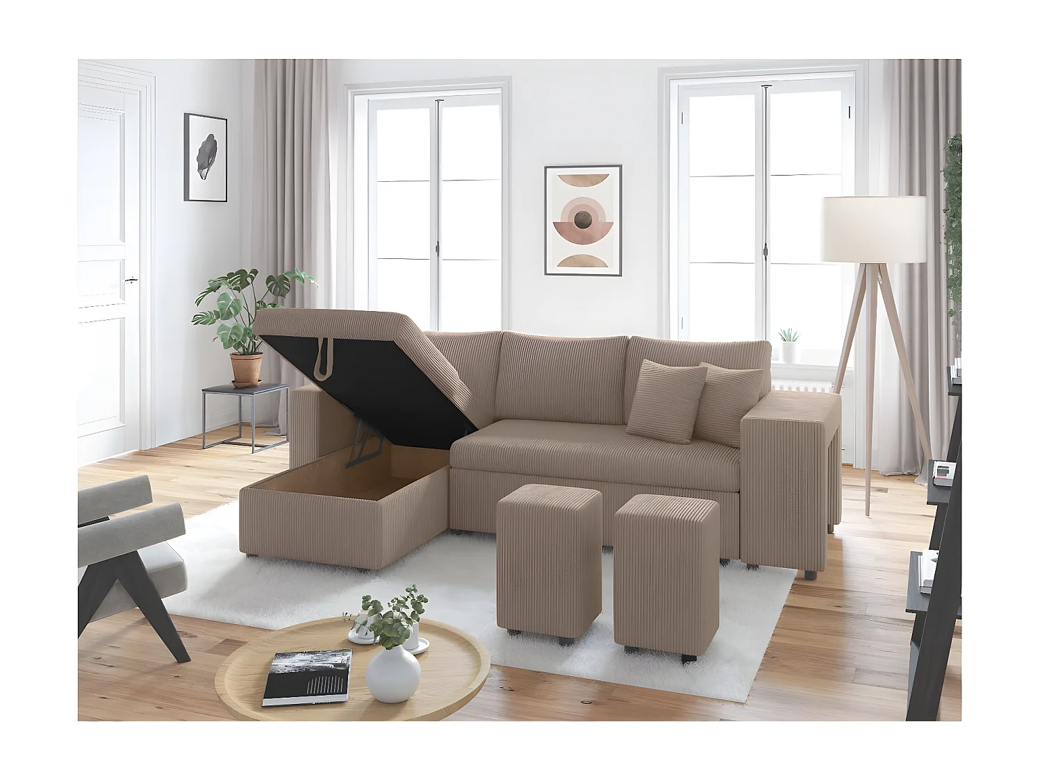 Canapé d'angle réversible convertible Oslo avec coffre, 2 poufs à droite en velours côtelé taupe - L241 x P146 x H81cm - Loungitude