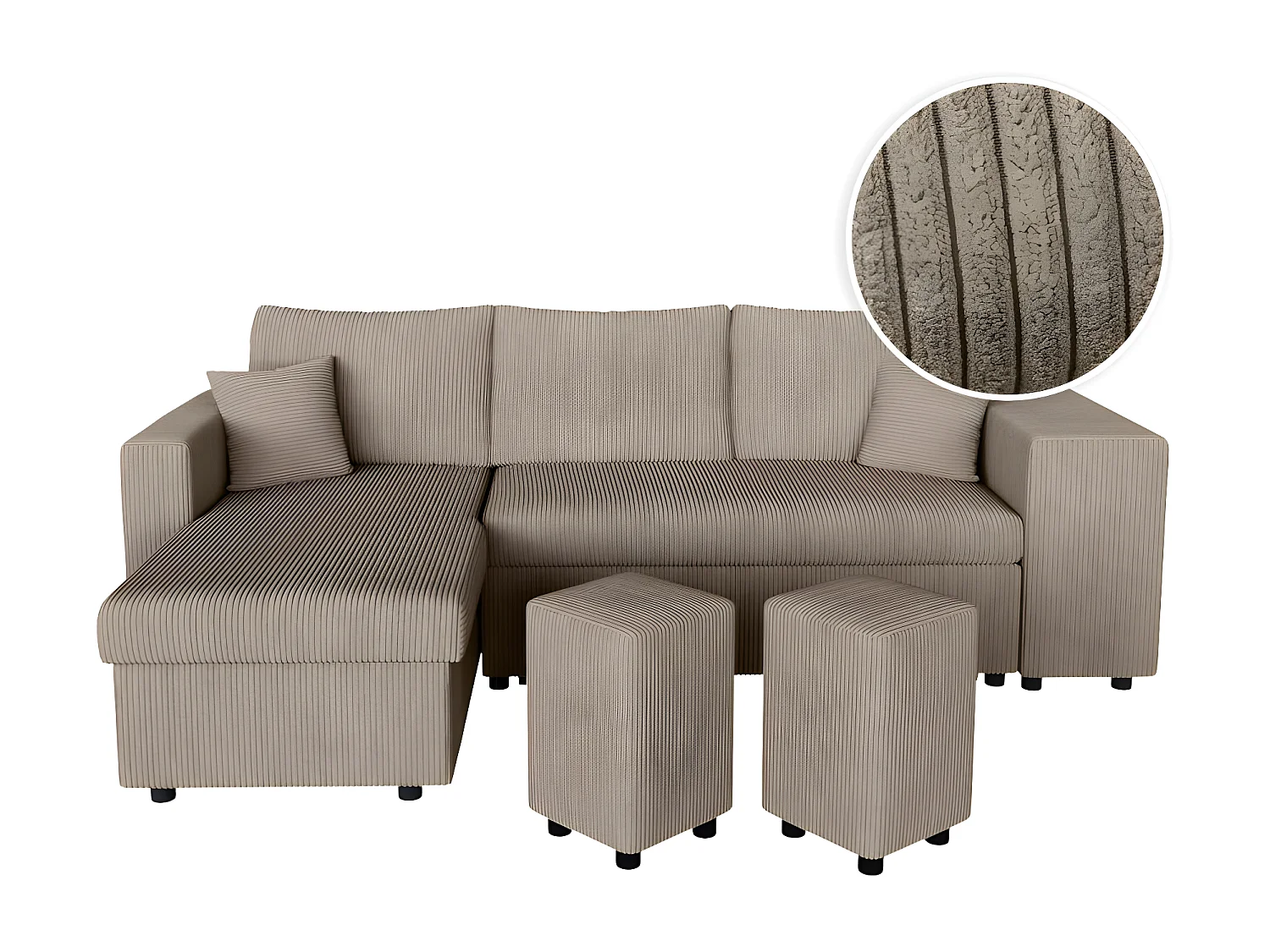 Canapé d'angle réversible convertible Oslo avec coffre, 2 poufs à droite en velours côtelé taupe - L241 x P146 x H81cm - Loungitude