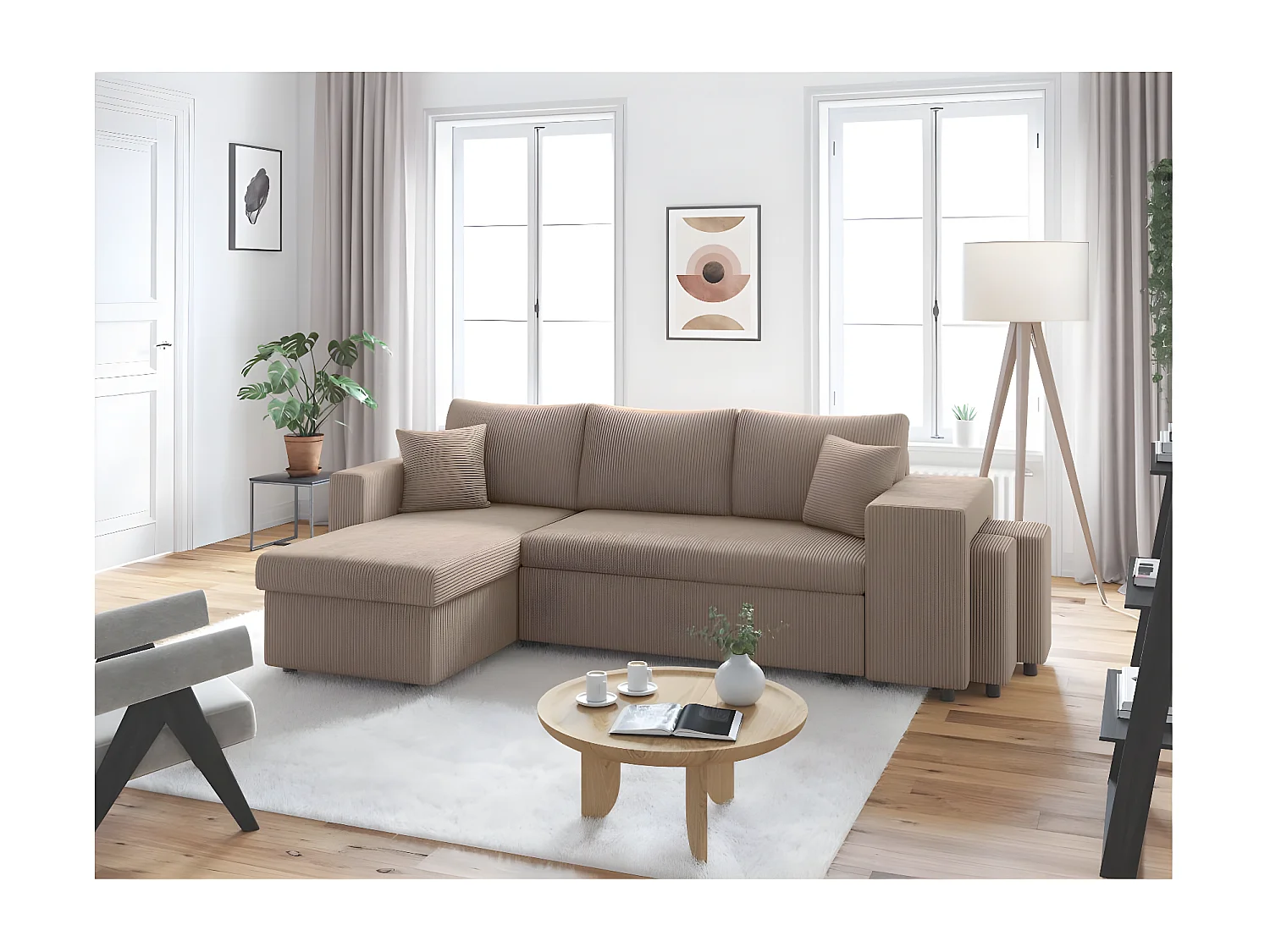 Canapé d'angle réversible convertible Oslo avec coffre, 2 poufs à droite en velours côtelé taupe - L241 x P146 x H81cm - Loungitude
