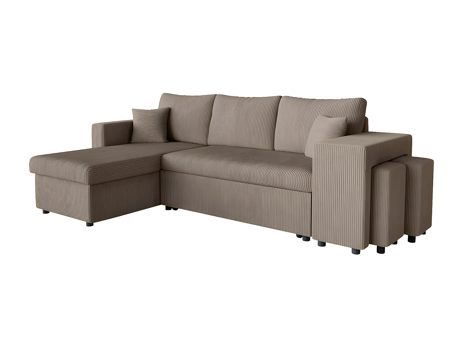 Canapé d'angle réversible convertible Oslo avec coffre, 2 poufs à droite en velours côtelé taupe - L241 x P146 x H81cm - Loungitude