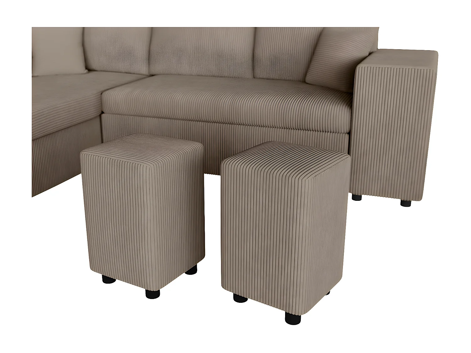 Canapé d'angle réversible convertible Oslo avec coffre, 2 poufs à droite en velours côtelé taupe - L241 x P146 x H81cm - Loungitude