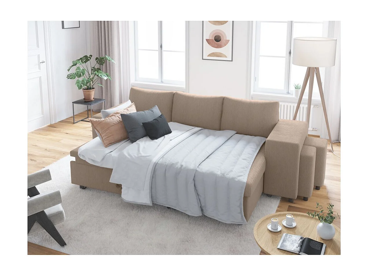 Canapé d'angle réversible convertible Oslo avec coffre, 2 poufs à droite en velours côtelé taupe - L241 x P146 x H81cm - Loungitude