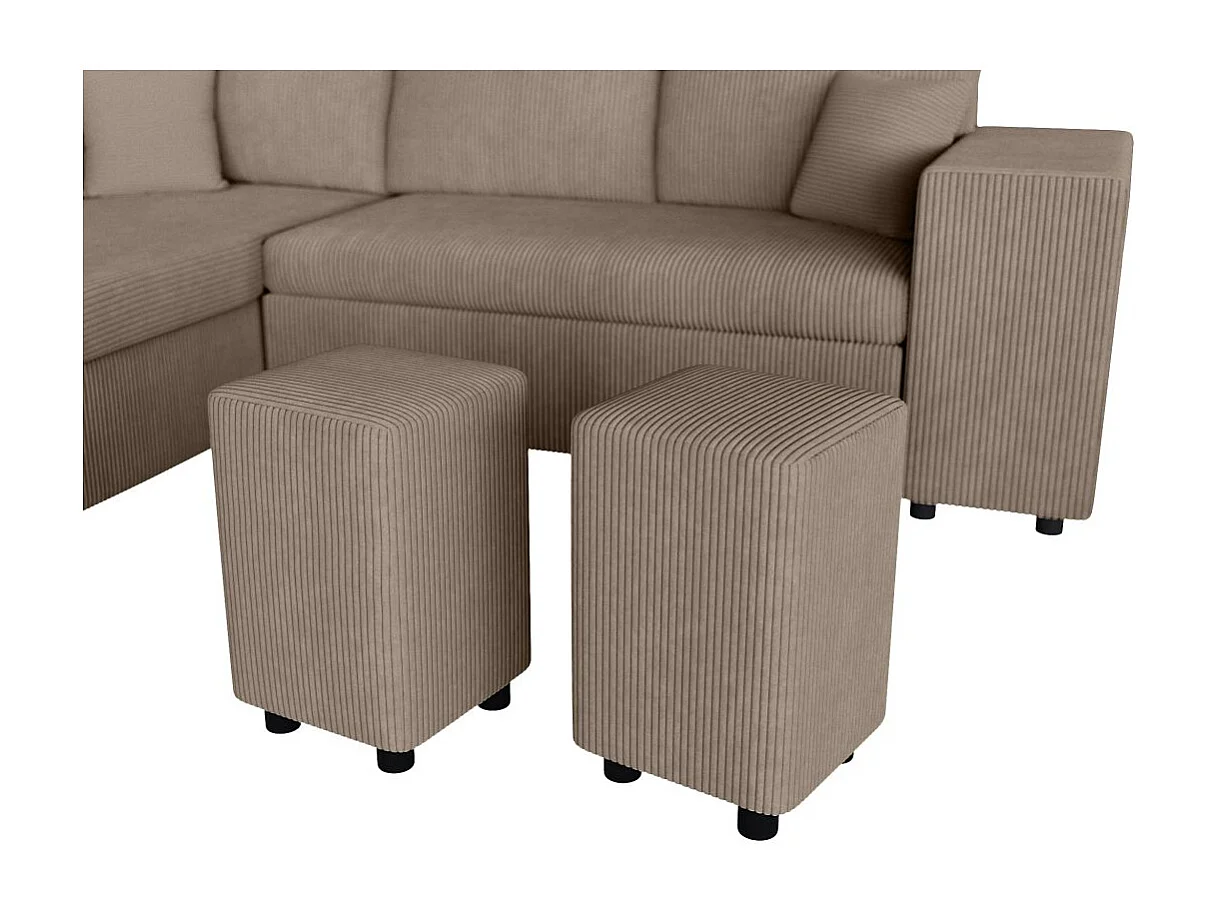 Canapé d'angle réversible convertible Oslo avec coffre, 2 poufs à droite en velours côtelé taupe - L241 x P146 x H81cm - Loungitude