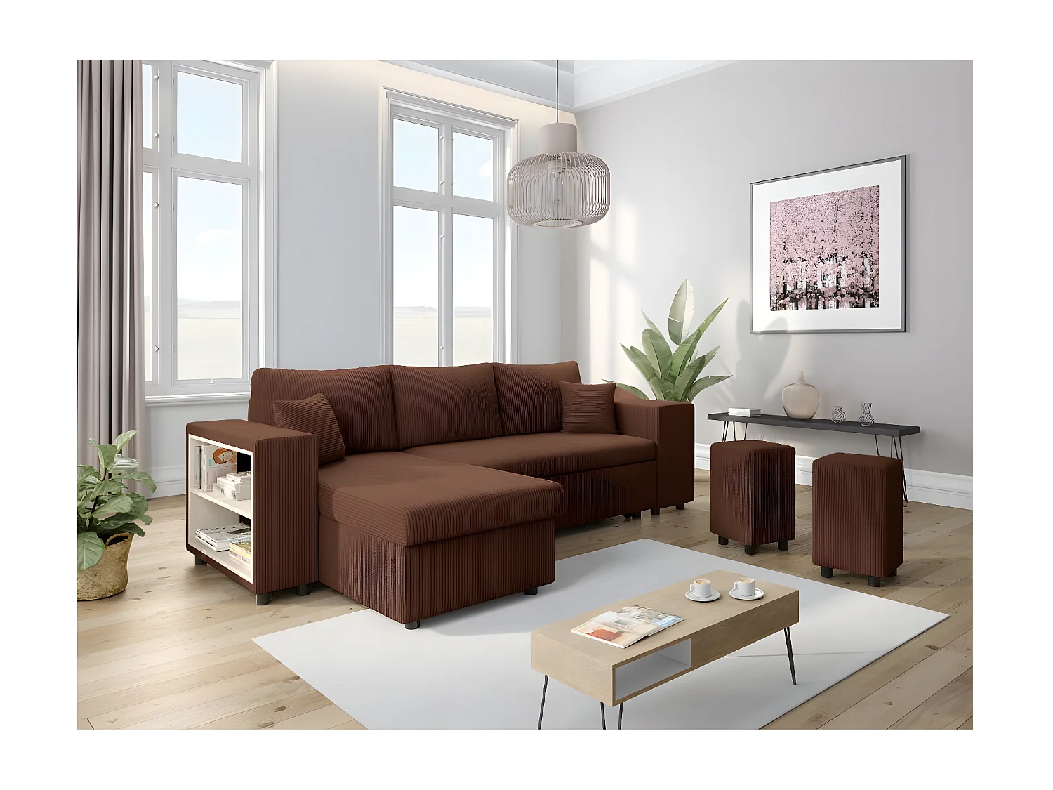 Canapé d'angle réversible Mady avec coffre, rangement poufs à droite en velours côtelé - Marron - L254 x P146 x H81cm - Loungitude