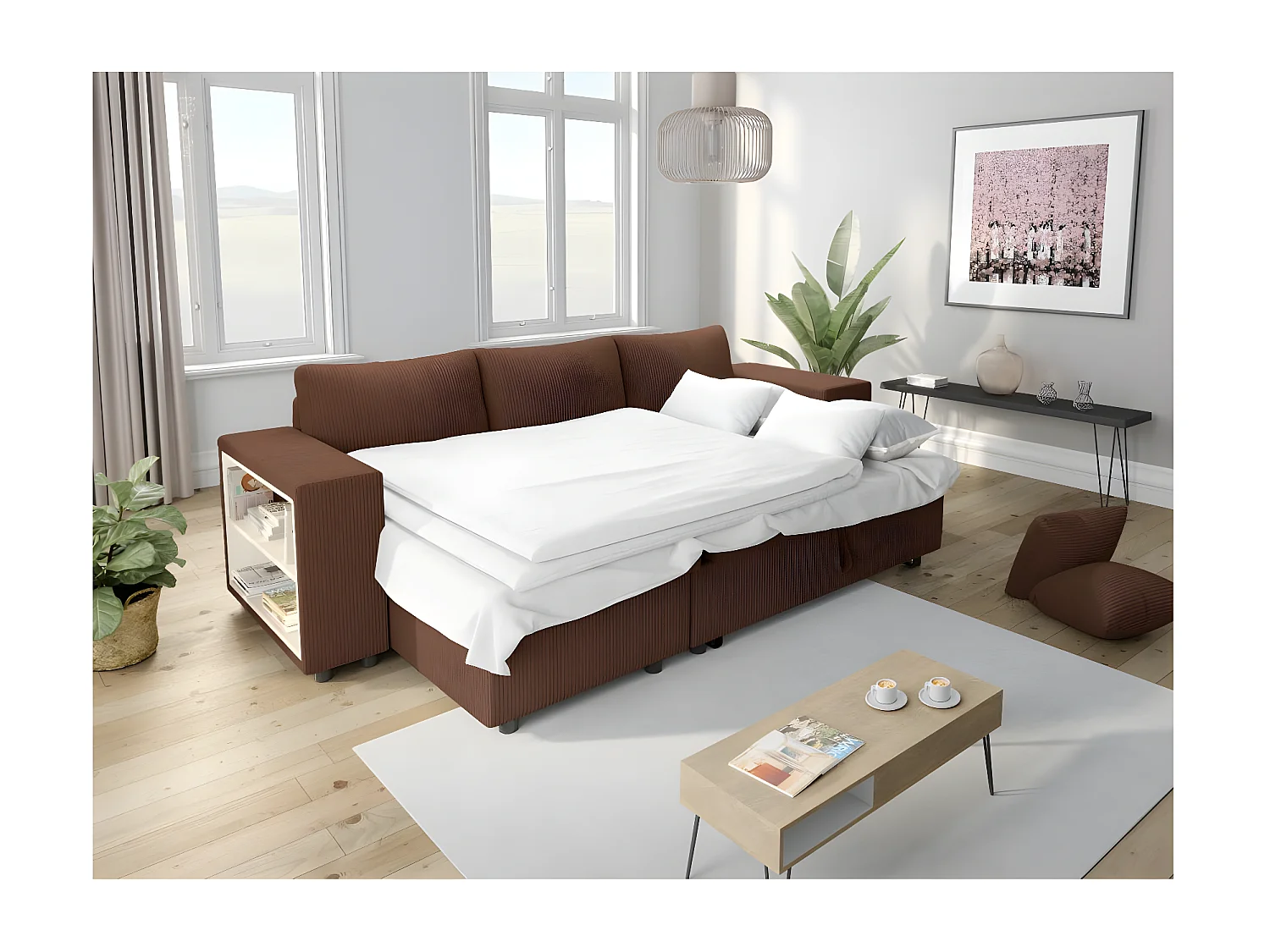 Canapé d'angle réversible Mady avec coffre, rangement poufs à droite en velours côtelé - Marron - L254 x P146 x H81cm - Loungitude