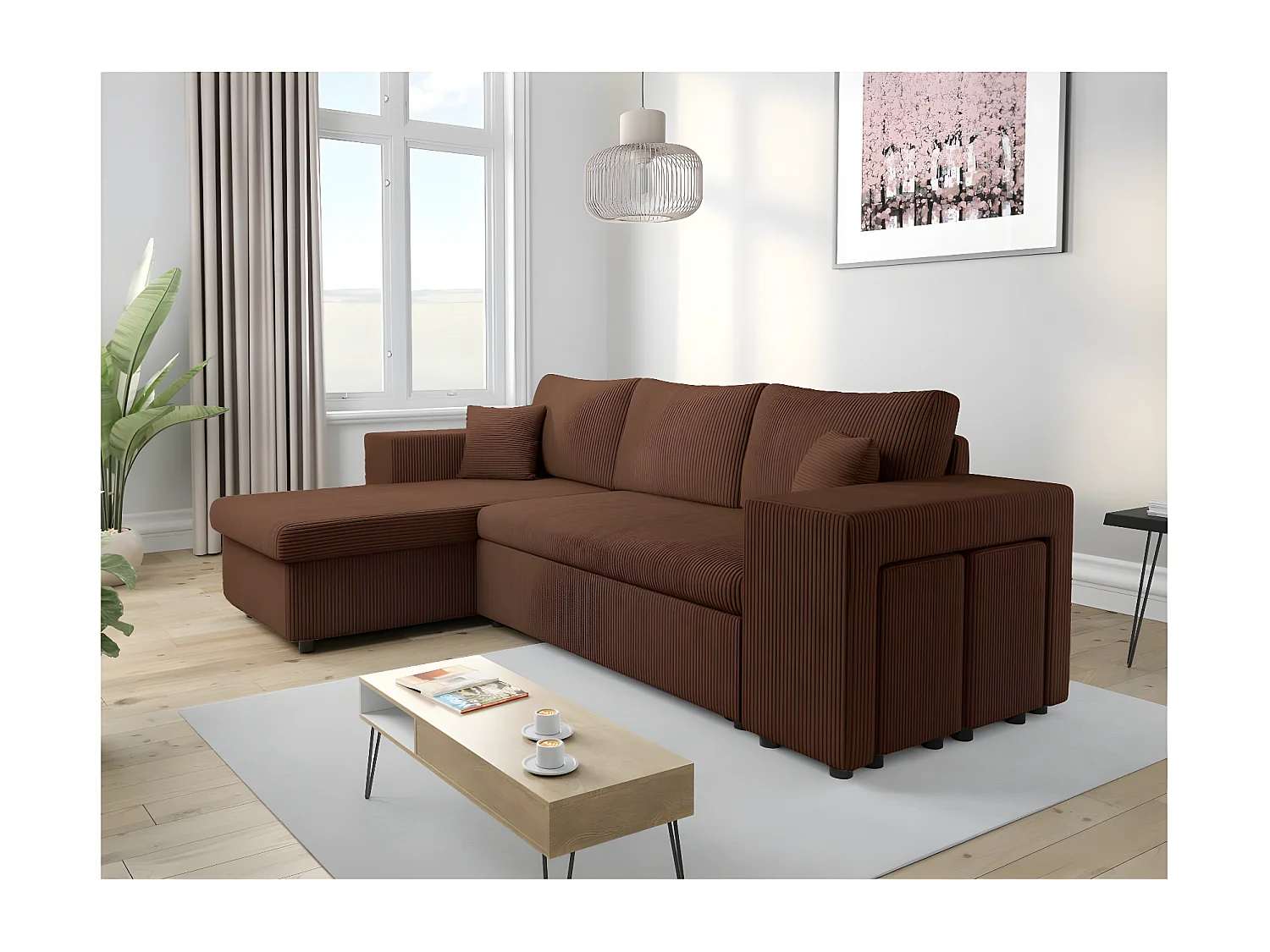 Canapé d'angle réversible Mady avec coffre, rangement poufs à droite en velours côtelé - Marron - L254 x P146 x H81cm - Loungitude