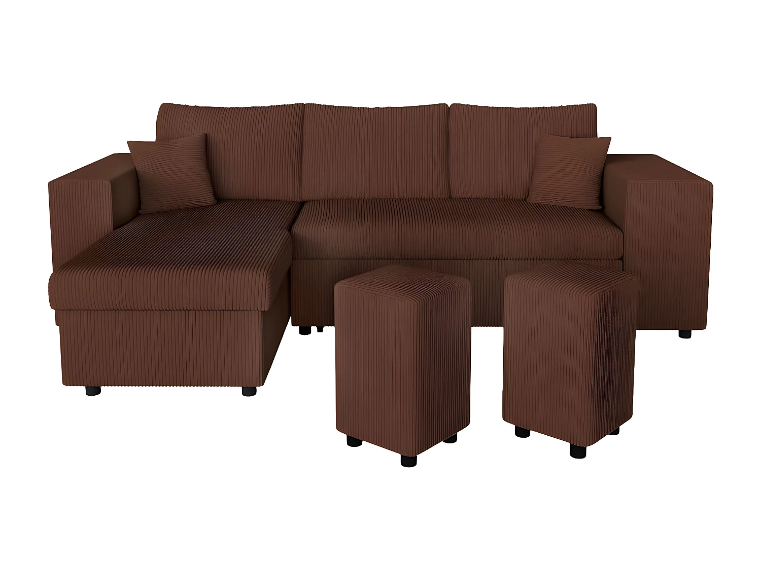 Canapé d'angle réversible Mady avec coffre, rangement poufs à droite en velours côtelé - Marron - L254 x P146 x H81cm - Loungitude