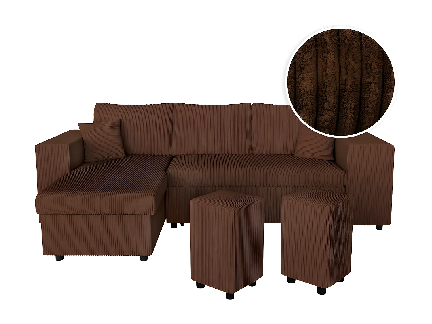 Canapé d'angle réversible Mady avec coffre, rangement poufs à droite en velours côtelé - Marron - L254 x P146 x H81cm - Loungitude