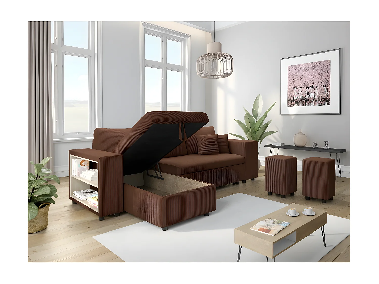 Canapé d'angle réversible Mady avec coffre, rangement poufs à droite en velours côtelé - Marron - L254 x P146 x H81cm - Loungitude