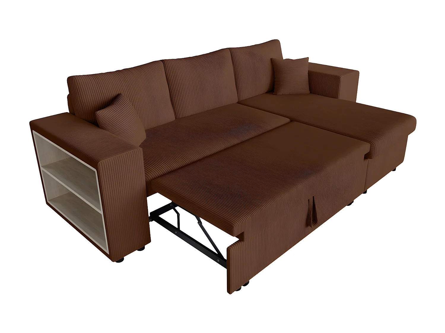 Canapé d'angle réversible Mady avec coffre, rangement poufs à droite en velours côtelé - Marron - L254 x P146 x H81cm - Loungitude
