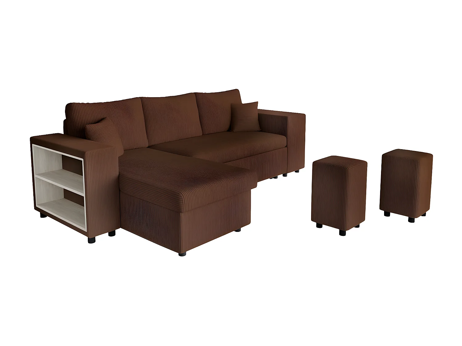 Canapé d'angle réversible Mady avec coffre, rangement poufs à droite en velours côtelé - Marron - L254 x P146 x H81cm - Loungitude