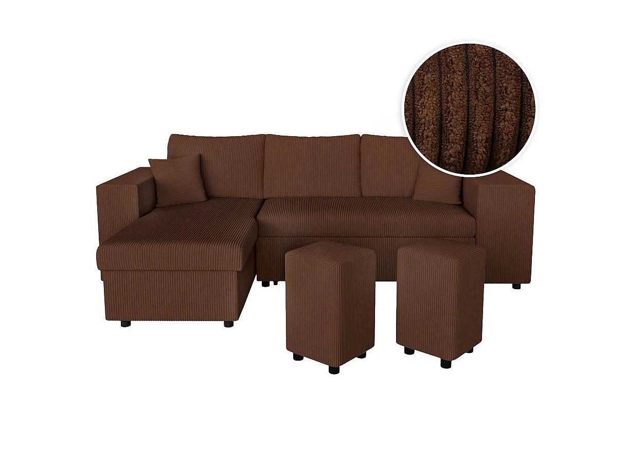 Canapé d'angle convertible 5 places avec pouf en velours marron MADY