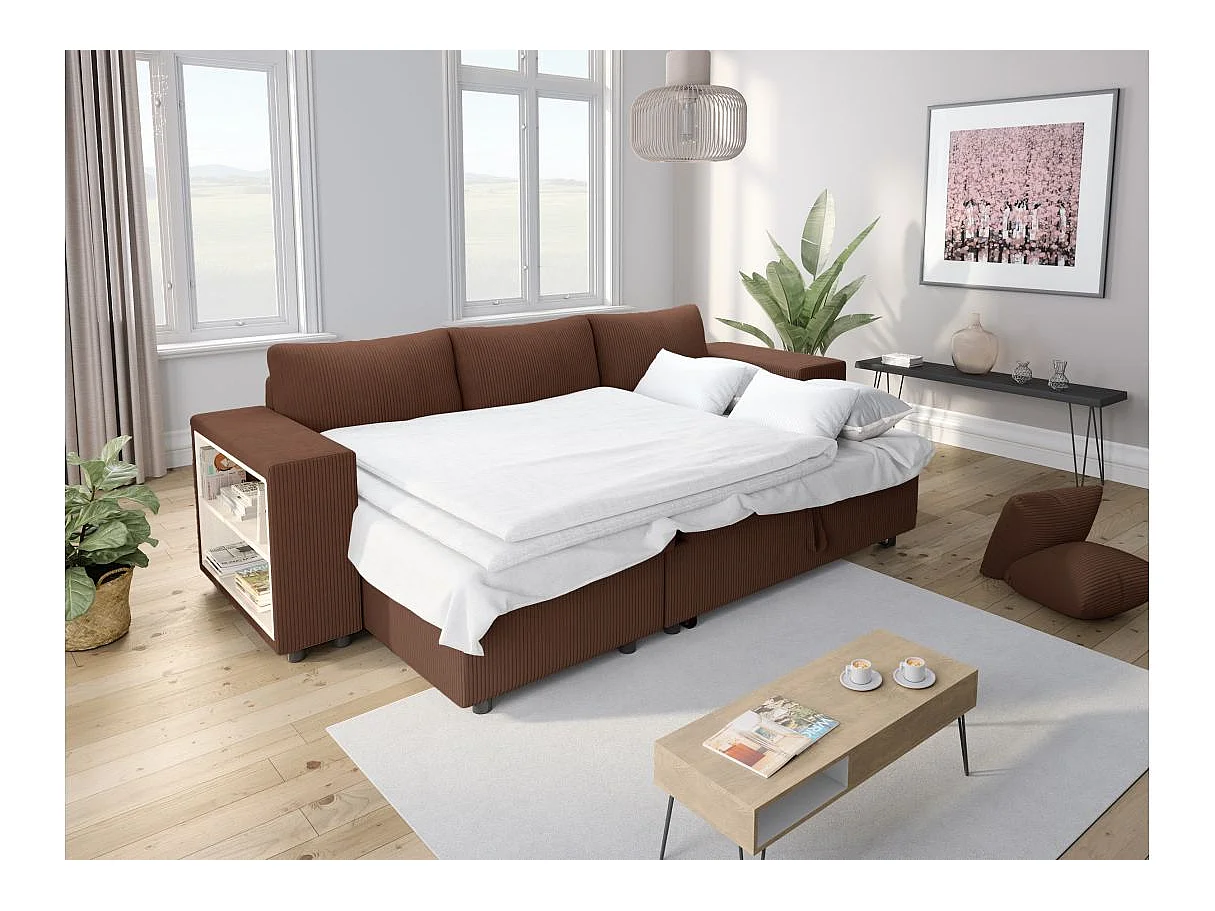 Canapé d'angle convertible 5 places avec pouf en velours marron MADY