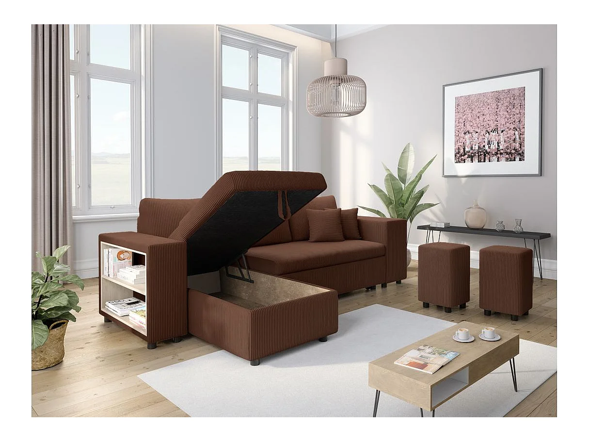 Canapé d'angle convertible 5 places avec pouf en velours marron MADY