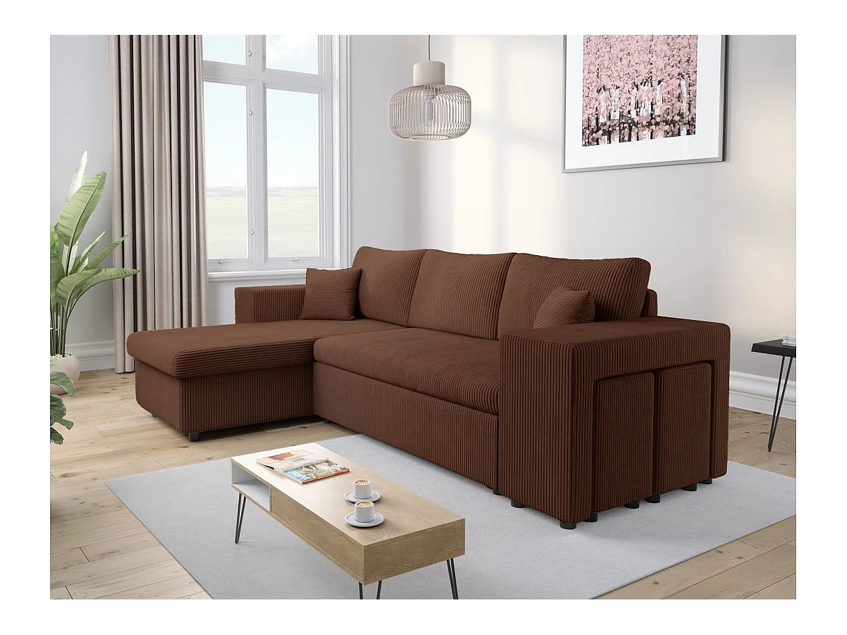 Canapé d'angle convertible 5 places avec pouf en velours marron MADY