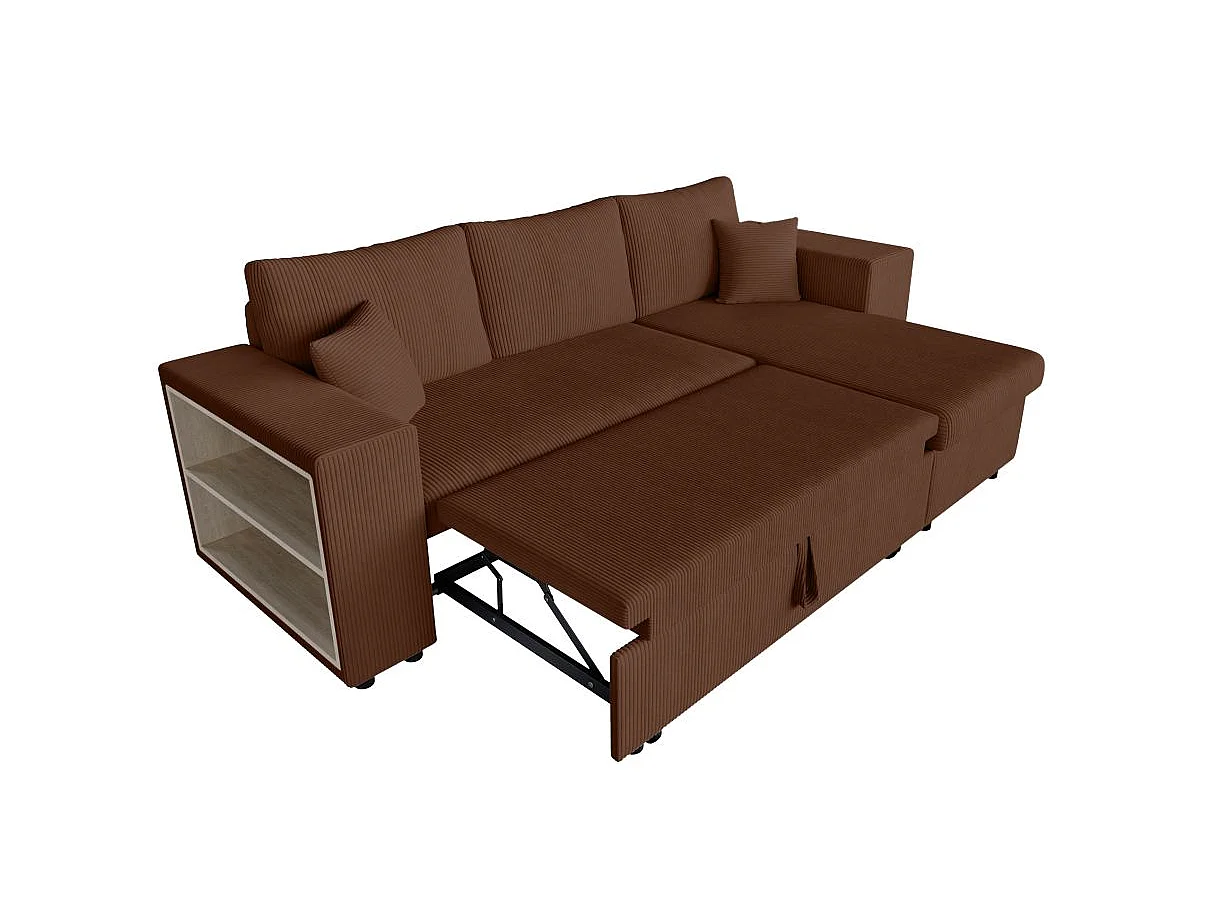 Canapé d'angle convertible 5 places avec pouf en velours marron MADY