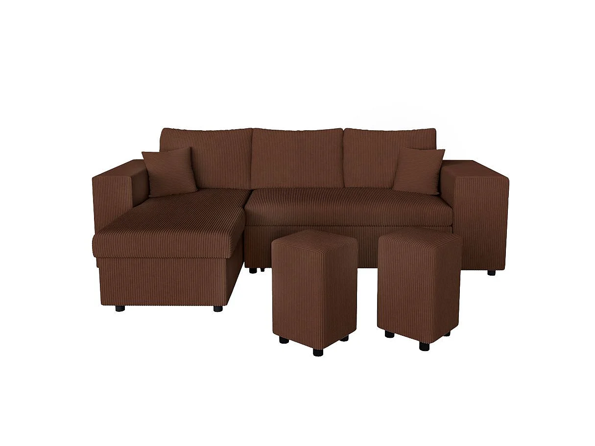 Canapé d'angle convertible 5 places avec pouf en velours marron MADY