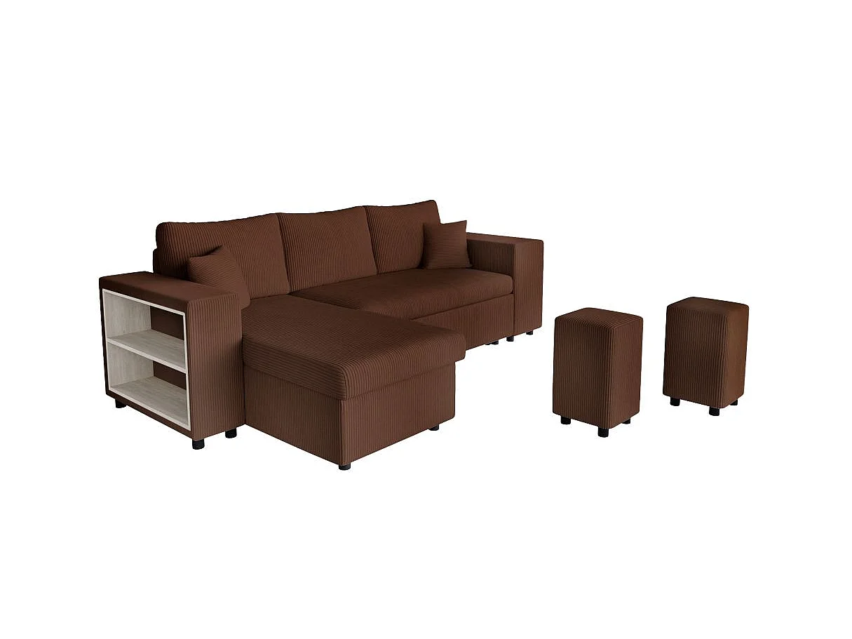 Canapé d'angle convertible 5 places avec pouf en velours marron MADY